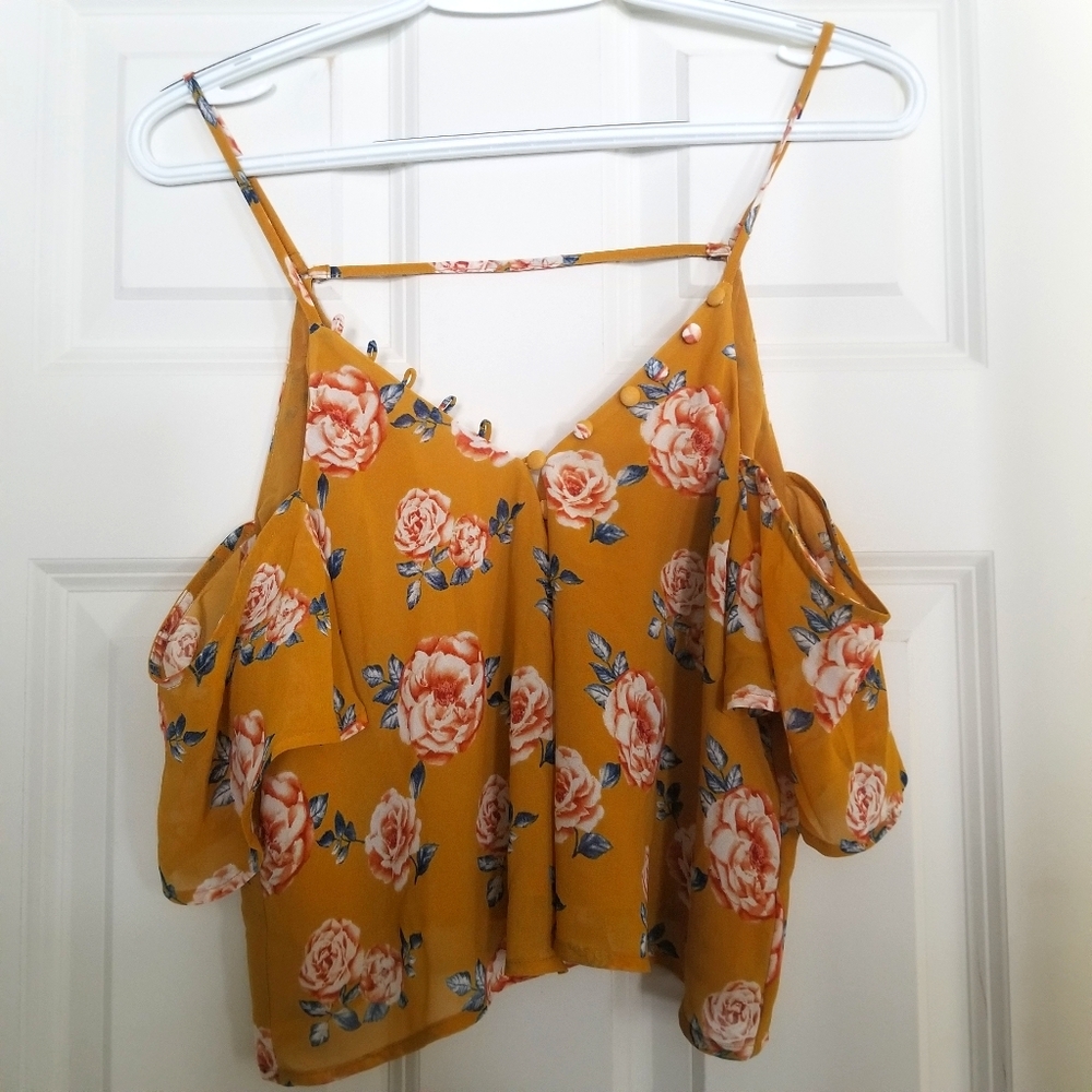 Crop Yellow Floral Cold Shoulder Top SZ L